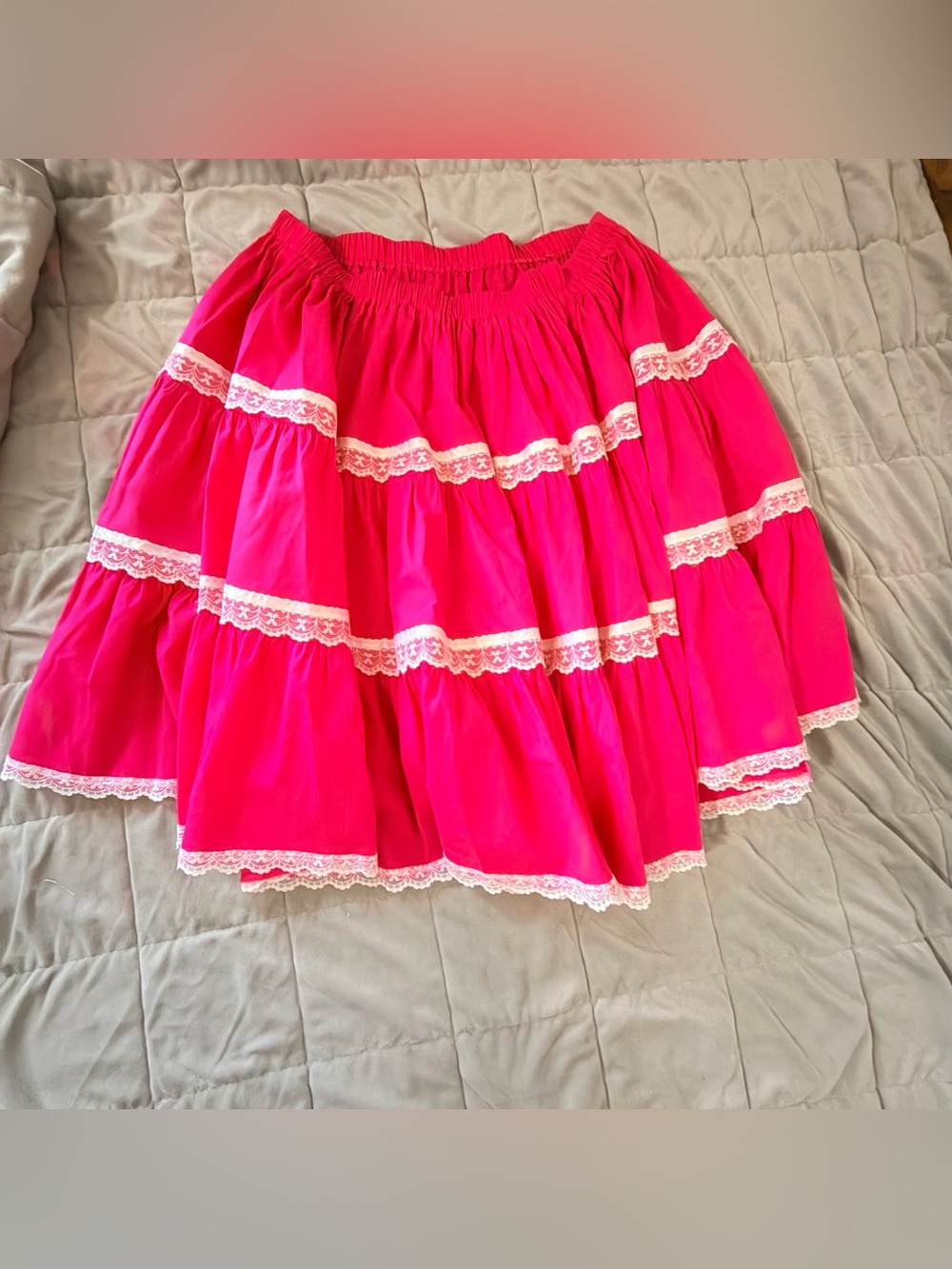 Vintage Bright Pink Tiered Lace-Trim Skirt